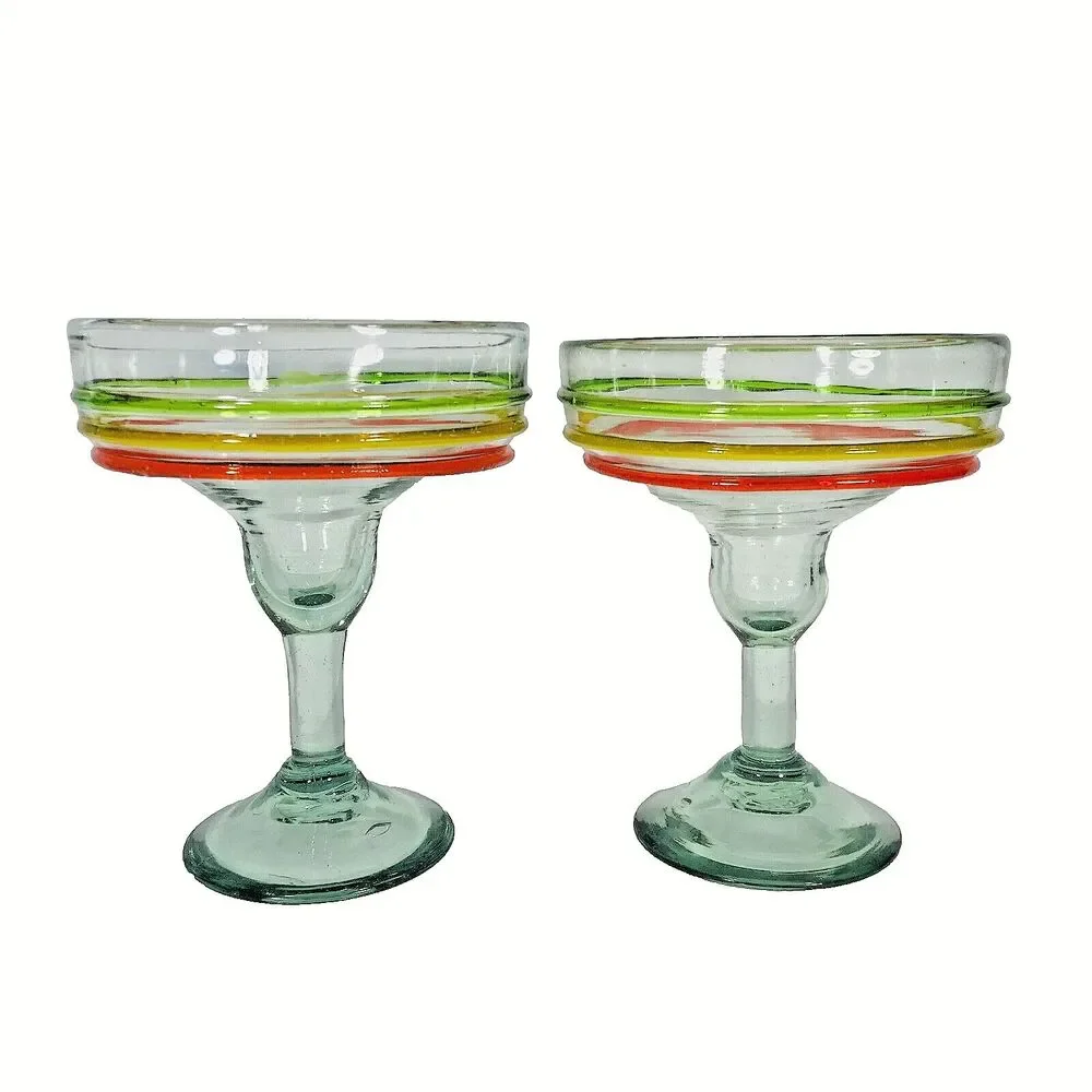 Handblown 2 Mexican Margarita Glasses Raised Striped Cocktail Bar Bubbles